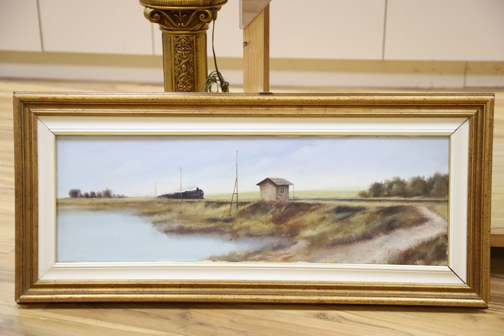 Giorgio Rocep, oil on canvas, Landscape with a passing train, signed, 29 x 89cm